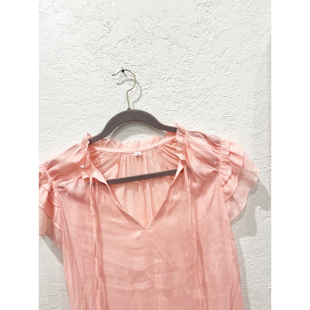 Pink Ruffle Flutter Sleeve V-Neck Tie Blouse‎ Textured Pleated Top Small - Picture 3 of 7